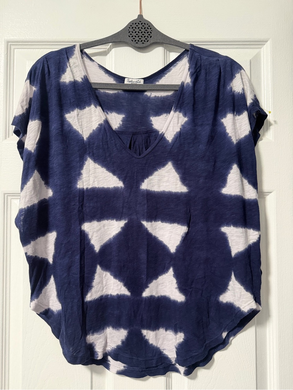 Splendid Women’s Medium Navy White Shibori Tie Dye V Neck Top Made in USA